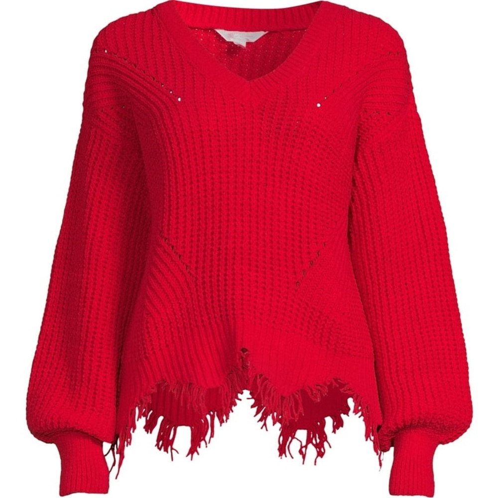 No Boundaries Red V-Neck Sweater with Distressed Hem Christmas sweater